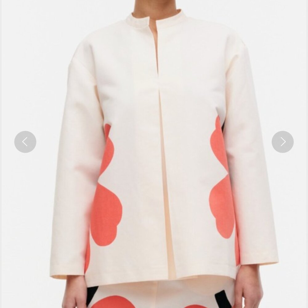Marimekko Kaksi Heijastus Unikko Kerran Cotton Linen Shirt Size 34 US 2 Blue/Red - Picture 2 of 9